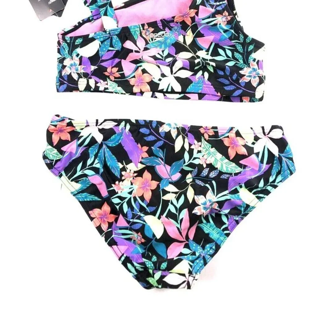Speedo Girl’s Two Piece Black Floral Bikini Set Size 16